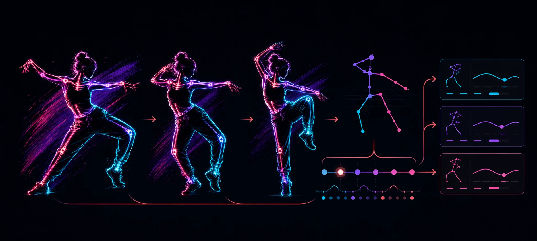DanceCoach hero character shown across animated frames, followed by pose measurement, musical counts, and lesson cards