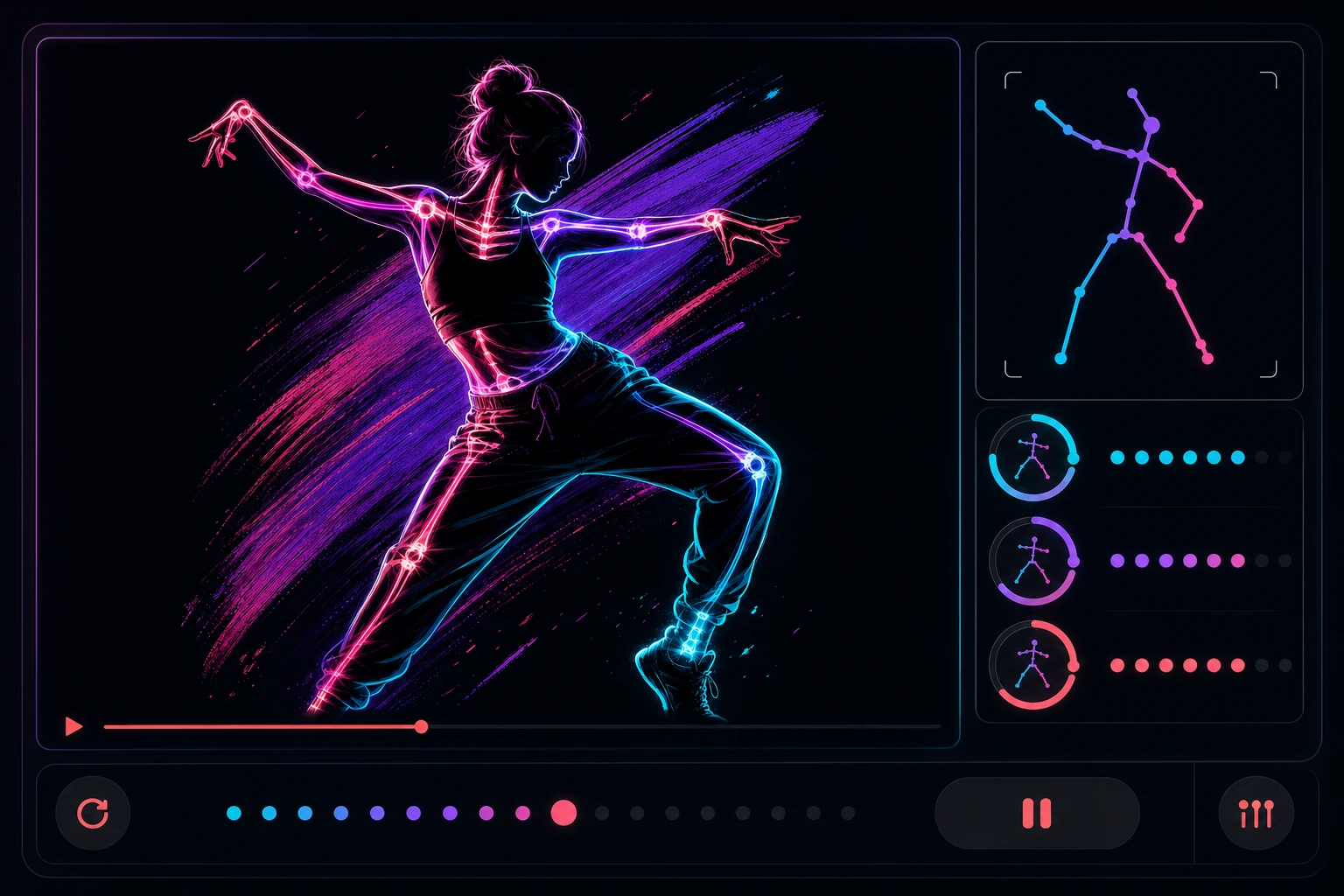 Animated DanceCoach hero lesson beside a reference pose, live feedback indicators, count timeline, and coaching controls